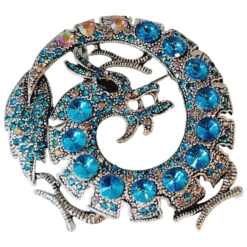 Dragon Blue Elegant Chinese Lucky‎ Rhinestones Bling Sparkle Brooch Pin